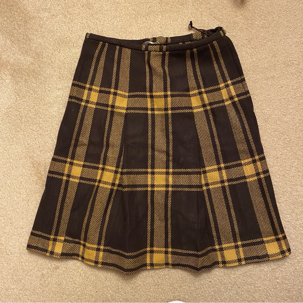 Brown Yellow Plaid 100% Wool Skirt